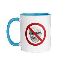 Load image into Gallery viewer, White mug with a light blue handle and interior. Front of the mug has a photo of Milton Friedman with a red circle strikethrough, and the back of the mug has the Unf*cking The Republic Logo on it.