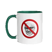 Load image into Gallery viewer, White mug with a dark green handle and interior. Front of the mug has a photo of Milton Friedman with a red circle strikethrough, and the back of the mug has the Unf*cking The Republic Logo on it.