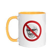 Load image into Gallery viewer, White mug with a golden yellow handle and interior. Front of the mug has a photo of Milton Friedman with a red circle strikethrough, and the back of the mug has the Unf*cking The Republic Logo on it.