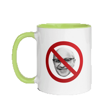 Load image into Gallery viewer, White mug with a light green handle and interior. Front of the mug has a photo of Milton Friedman with a red circle strikethrough, and the back of the mug has the Unf*cking The Republic Logo on it.