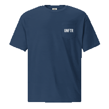 Load image into Gallery viewer, Navy colored t shirt with pocket. The pocket says UNFTR in white and the back has has a photo of Milton Friedman with a red circle strikethrough