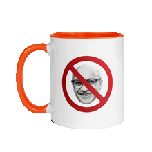 Load image into Gallery viewer, White mug with a orange handle and interior. Front of the mug has a photo of Milton Friedman with a red circle strikethrough, and the back of the mug has the Unf*cking The Republic Logo on it.