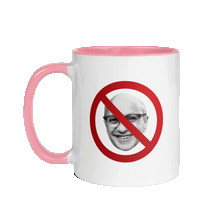 Load image into Gallery viewer, White mug with a pink handle and interior. Front of the mug has a photo of Milton Friedman with a red circle strikethrough, and the back of the mug has the Unf*cking The Republic Logo on it.