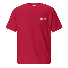 Load image into Gallery viewer, Red colored t shirt with pocket. The pocket says UNFTR in white and the back has has a photo of Milton Friedman with a red circle strikethrough