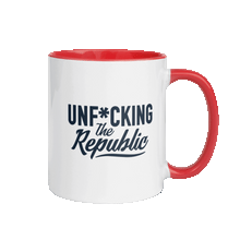 Load image into Gallery viewer, White mug with a red handle and interior. Front of the mug has a photo of Milton Friedman with a red circle strikethrough, and the back of the mug has the Unf*cking The Republic Logo on it.
