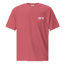Load image into Gallery viewer, Watermelon colored t shirt with pocket. The pocket says UNFTR in white and the back has has a photo of Milton Friedman with a red circle strikethrough