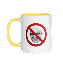 Load image into Gallery viewer, White mug with a yellow handle and interior. Front of the mug has a photo of Milton Friedman with a red circle strikethrough, and the back of the mug has the Unf*cking The Republic Logo on it.