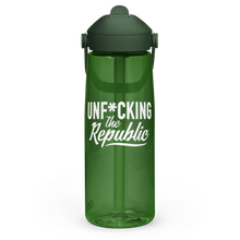 Load image into Gallery viewer, Clear green Camelback water bottle with straw. Darker green cap and white Unf*cking The Republic logo