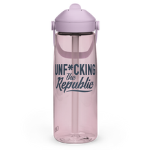 Load image into Gallery viewer, Clear pink Camelback water bottle with straw. Pink cap and blue Unf*cking The Republic logo