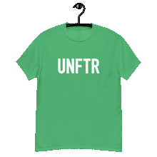 Load image into Gallery viewer, Green classic tee shirt that says UNFTR in white on the front and F*ck Milton Friedman in white on the back