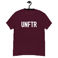 Load image into Gallery viewer, Maroon classic tee shirt that says UNFTR in white on the front and Meeting People Where They Are in white on the back