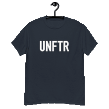 Load image into Gallery viewer, Navy classic tee shirt that says UNFTR in white on the front and F*ck Milton Friedman in white on the back