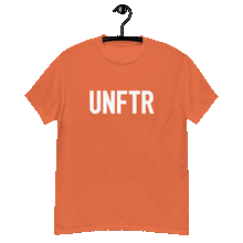 Load image into Gallery viewer, Orange classic tee shirt that says UNFTR in white on the front and F*ck Milton Friedman in white on the back