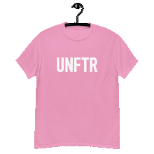 Load image into Gallery viewer, Pink classic tee shirt that says UNFTR in white on the front and F*ck Milton Friedman in white on the back