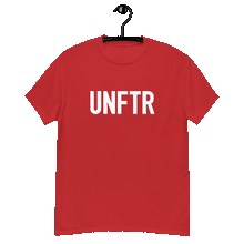 Load image into Gallery viewer, Red classic tee shirt that says UNFTR in white on the front and F*ck Milton Friedman in white on the back