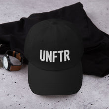 Load image into Gallery viewer, Black dad hat with white embroidered UNFTR logo