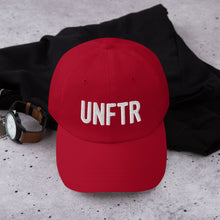 Load image into Gallery viewer, Red dad hat with white embroidered UNFTR logo
