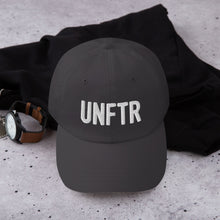 Load image into Gallery viewer, Charcoal dad hat with white embroidered UNFTR logo