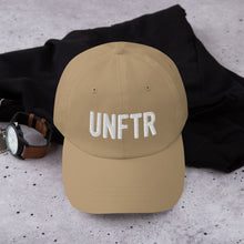 Load image into Gallery viewer, Khaki dad hat with white embroidered UNFTR logo
