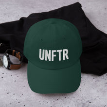 Load image into Gallery viewer, Forest green hat with white embroidered UNFTR logo