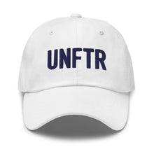 Load image into Gallery viewer, White dad hat with navy embroidered UNFTR logo