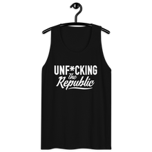 Load image into Gallery viewer, Classic tank top in black with white Unf*cking The Republic logo on the chest