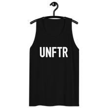 Load image into Gallery viewer, Classic tank top in black with white ‘UNFTR’ logo on the chest