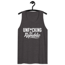 Load image into Gallery viewer, Classic tank top in charcoal grey with white Unf*cking The Republic logo on the chest