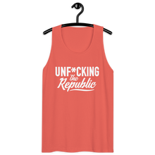 Load image into Gallery viewer, Classic tank top in coral with white Unf*cking The Republic logo on the chest