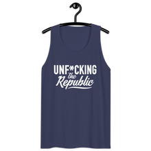 Load image into Gallery viewer, Classic tank top in washed out navy with white Unf*cking The Republic logo on the chest