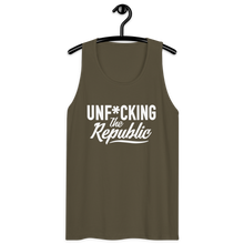 Load image into Gallery viewer, Classic tank top in army green with white Unf*cking The Republic logo on the chest