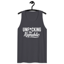 Load image into Gallery viewer, Classic tank top in grey with white Unf*cking The Republic logo on the chest