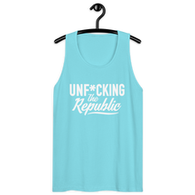 Load image into Gallery viewer, Classic tank top in bright blue with white Unf*cking The Republic logo on the chest