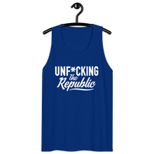 Load image into Gallery viewer, Classic tank top in blue with white Unf*cking The Republic logo on the chest