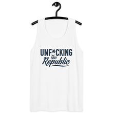 Load image into Gallery viewer, Classic Tank top in white with navy Unf*cking The Republic logo on the chest
