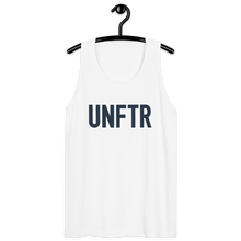 Load image into Gallery viewer, Classic tank top in white with navy ‘UNFTR’ logo on the chest