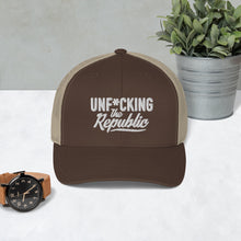 Load image into Gallery viewer, Brown trucker hat with khaki side panels with white Unf*cking The Republic logo embroidered on the front