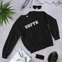 Load image into Gallery viewer, Black crew neck with white block letters that say UNFTR.