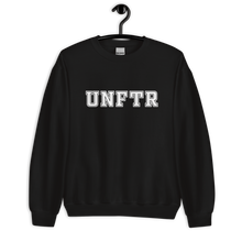 Load image into Gallery viewer, Black crew neck with white block letters that say UNFTR.