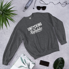 Load image into Gallery viewer, Heather gray crew neck with white logo that say Unf*cking The Republic.