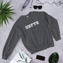 Load image into Gallery viewer, Heather gray crew neck with white block letters that say UNFTR.