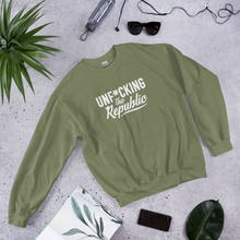 Load image into Gallery viewer, Military green crew neck with white logo that say Unf*cking The Republic.