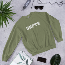 Load image into Gallery viewer, Military green crew neck with white block letters that say UNFTR.