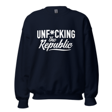 Load image into Gallery viewer, Navy crew neck with white logo that say Unf*cking The Republic.