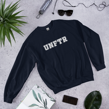 Load image into Gallery viewer, Navy crew neck with white block letters that say UNFTR.