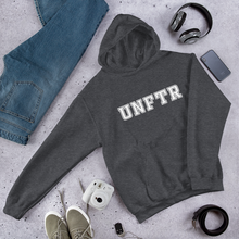 Load image into Gallery viewer, Heather gray hoodie with white block letters that say UNFTR.