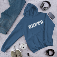 Load image into Gallery viewer, Indigo blue hoodie with white block letters that say UNFTR.