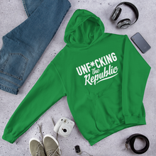 Load image into Gallery viewer, Green hoodie with white logo that say Unf*cking The Republic.