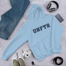 Load image into Gallery viewer, Light blue hoodie with navy block letters that say UNFTR.