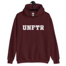 Load image into Gallery viewer, Maroon hoodie with white block letters that say UNFTR.